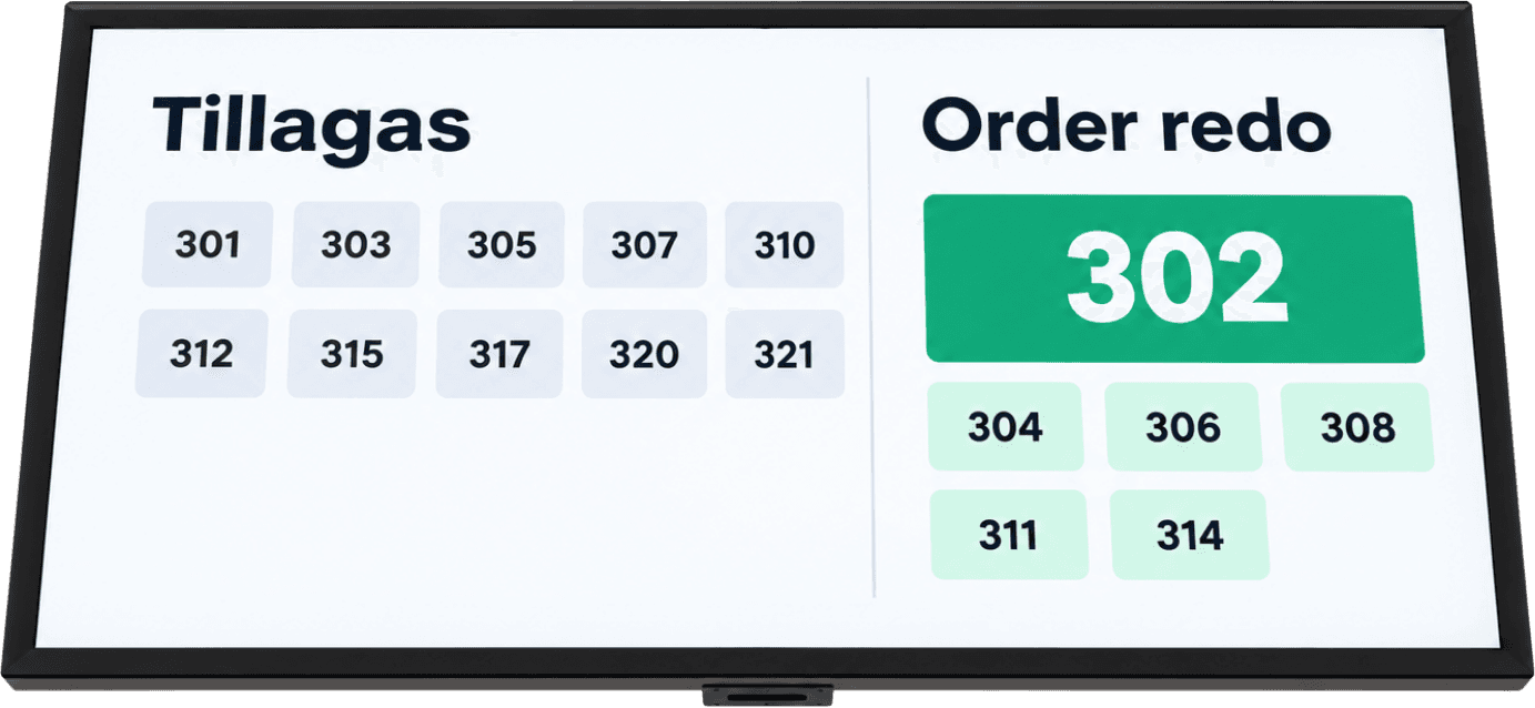 Ovrios orderskärm som visar ordrar som tillagas och order 302 redo att hämtas