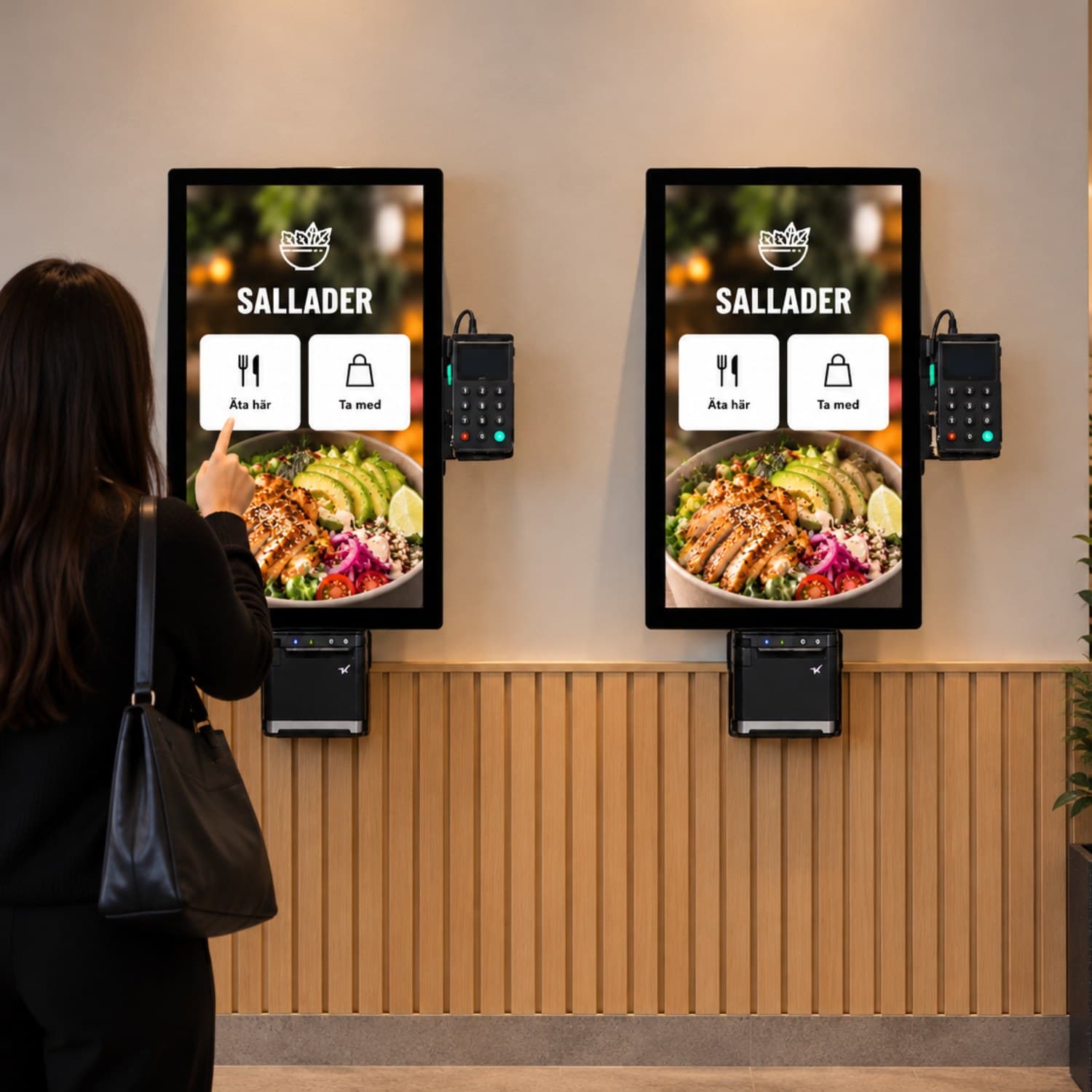 En gäst väljer Äta här på Ovrios expresskassa med salladsmeny