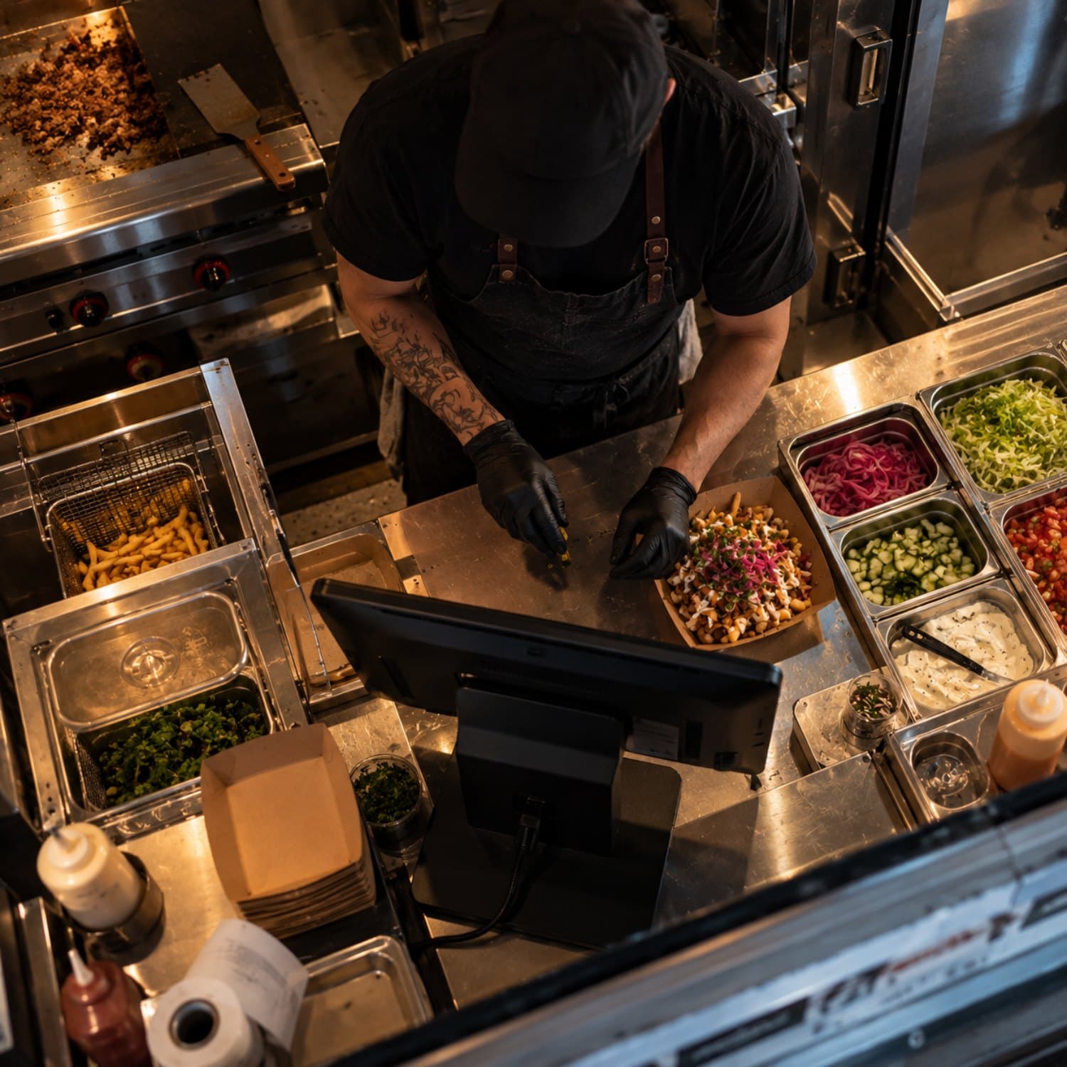 Kock i en foodtruck förbereder en beställning bredvid kassaskärmen