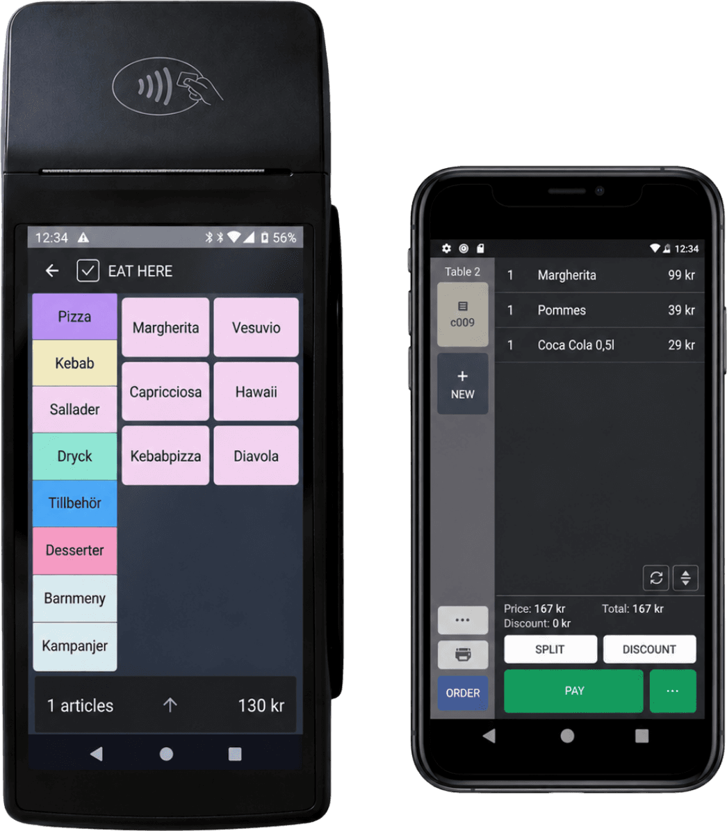 Ovrios handterminal med beställningsmenyn och Handy i mobilen med notan för bord 2