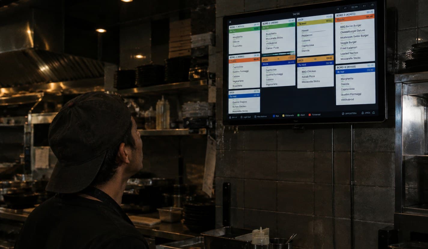 Kock tittar på Ovrios köksskärm i restaurangköket