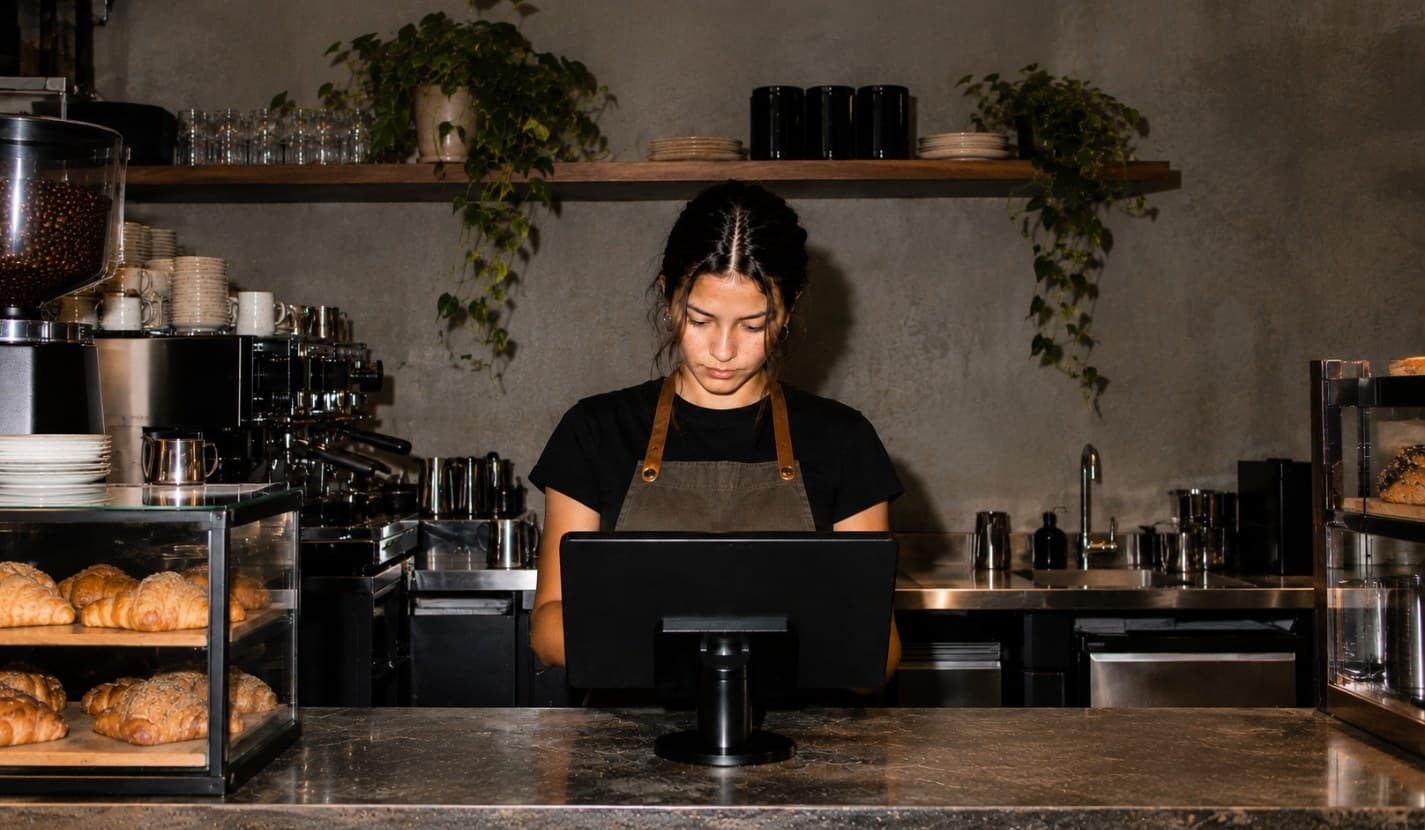 En medarbetare tar emot en beställning i Ovrios kassasystem vid disken på ett café